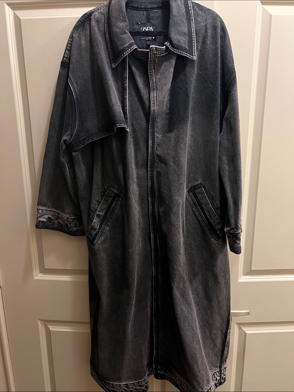 ZARA TRF Black Denim Oversized Trench Coat Size XL